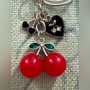 Dainty Cherries & Hearts Bag Charm Silver Tone Keychain Key Ring Rhinestones NIP